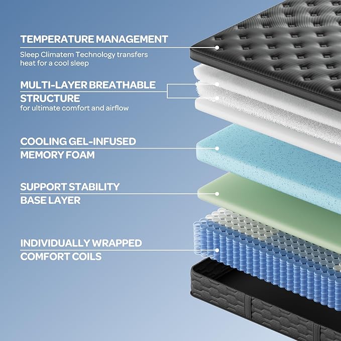 OhGeni 12 Inch Cooling Queen Size Mattress, Hybrid Gel-infused Memory Foam Bed Mattresses in a Box, Medium Feel Cool Top Fabric,Individual Pocket Spring, 3-Zone design & Reinforced Edge Support, Black