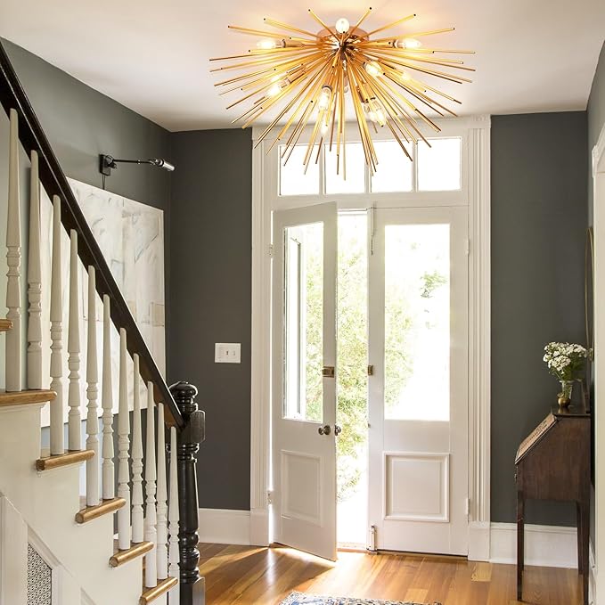 Jaycomey Sputnik Ceiling Light Fixtures, Mid-Century 12 Lights Gold Firework Ceiling Light, Modern Semi Flush Mount Ceiling Lamp for Bedroom Living Dining Room, E12, Dia 29.5 Inch