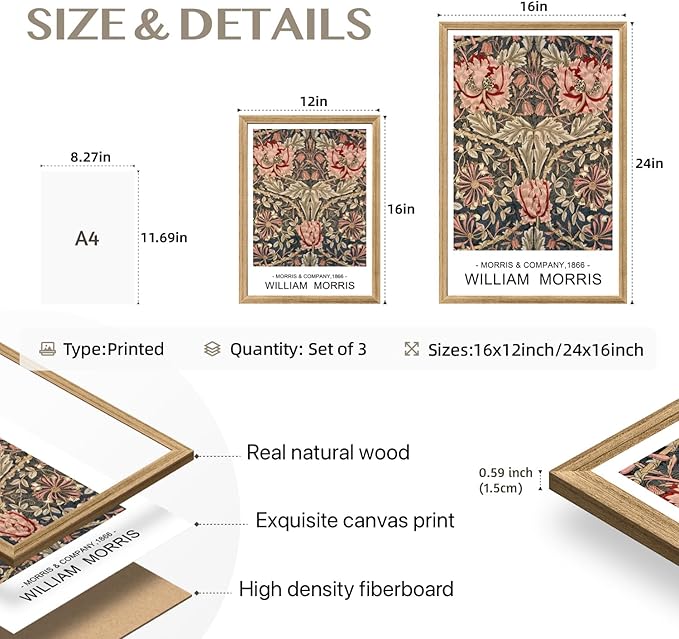 Cyebmo Wood Framed William Morris Wall Art Set of 3, Rustic Farmhouse Floral Wall Decor, Retro Flower Plants Aesthetic Picture, Vintage Botanical Art Prints for Living Room Bedroom Bathroom 16"x24"x3