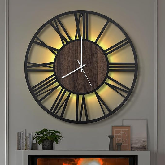 LEIKE Large LED Wall Clocks,Silent,Non Ticking,Battery Operated Rustic Round Modern Big Wood Wall Clock for Living Room, Bedroom,Kitchen,Farmhouse,Office,Home Decor -24" Black,LED,Roman Number