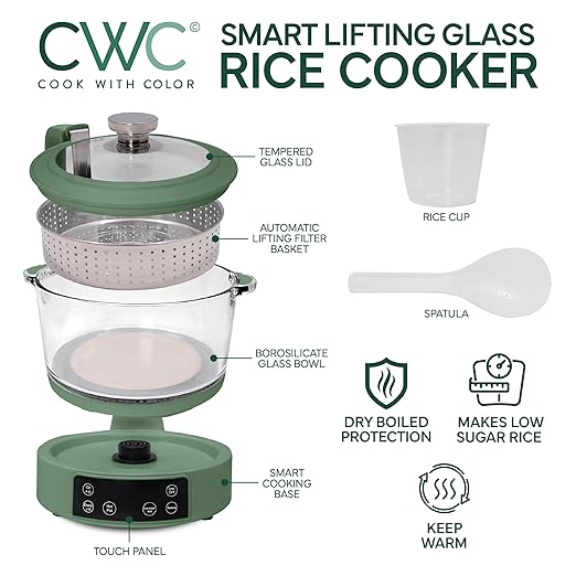 COOK WITH COLOR 3L Glass Low Carb Rice Cooker - Makes 6 Cups Cooked Low Sugar Rice with Auto Lift Filter Basket, Hotpot & Steamer for Rice, Grains and Oats, Digital Panel with Keep Warm, Dark Sage