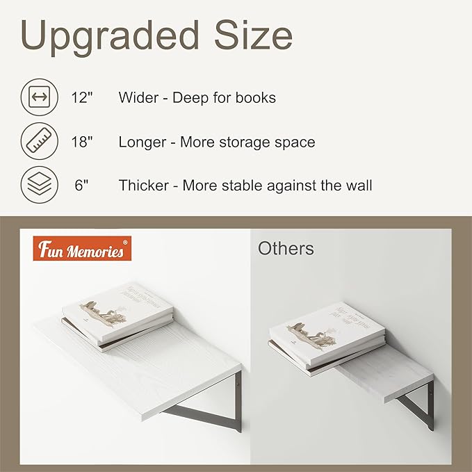 Fun Memories White Floating Shelves 18 Inch Long, Rustic Floating Shelf with Brackets, 12 Inch Deep Wall Shelves, White Bathroom Shelves, 18 x 12 Storage Shelf for Kitchen, Living Room, Set of 2