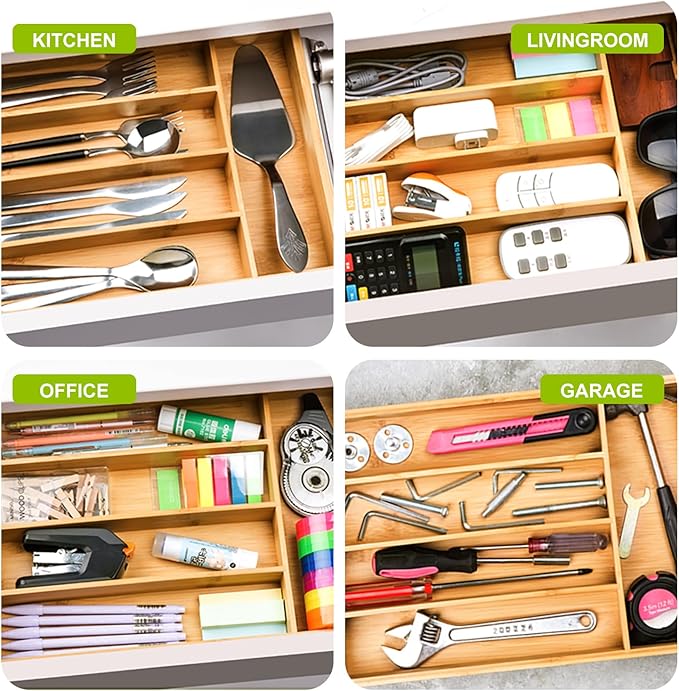 Bamboo Utensil Drawer Organizer, Kitchen Organizer for Flatware Cutlery, Silverware Tray for Drawer (5 Slots, Natural)