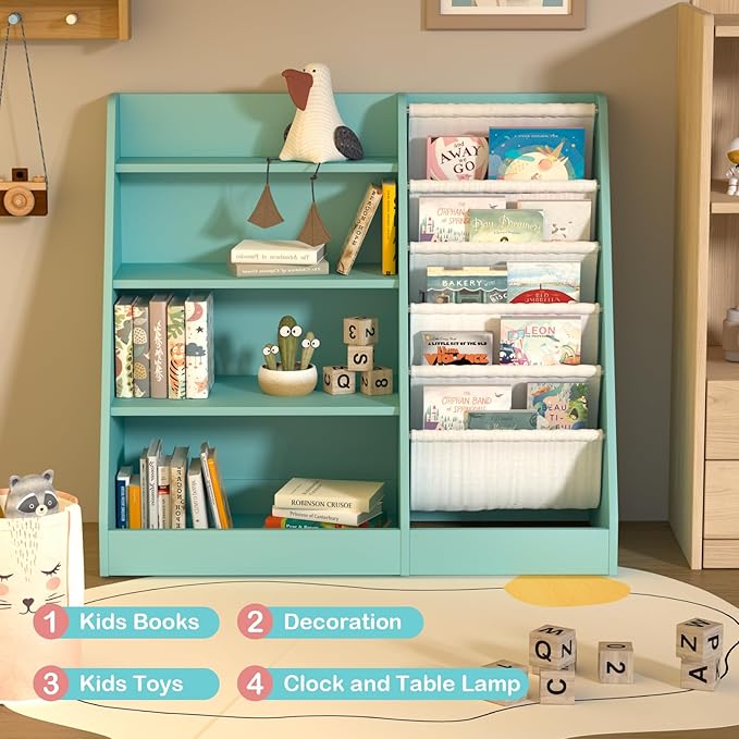 4 Tier Kids Bookshelf Wooden, Five Layer Sling Children Bookcase, Baby Toddler Storage Book Rack, Book and Toy Organizer Cabinet Chest, Book Display Shelf Stand, Playroom Nursery Classroom Library