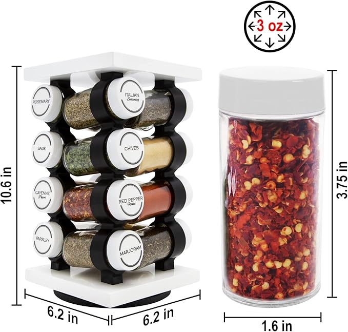 Orii Spice Rack 16 Jar Set White Filled with Spices - Rotating Standing Rack Shelf Holder & Countertop Spice Rack Tower Organizer for Kitchen Spices