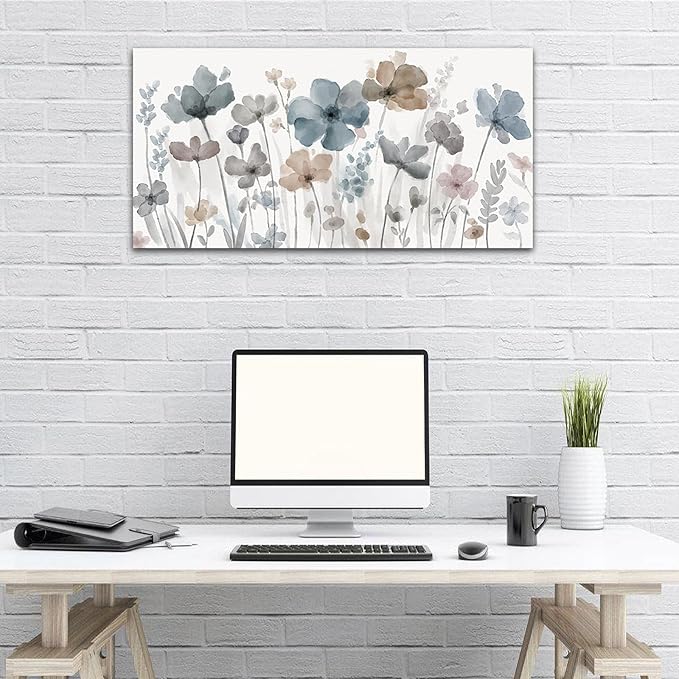 Elegant Flowers Canvas Wall Art - Floral Pictures for Wall Decor Indigo Brown Grey Canvas Painting Nature Printing Artwork for Living Room Bedroom Home Office Wall Decoration 20" x 40"