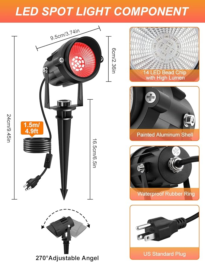 Halloween Red Landscape Lights Outdoor, 14 LED Landscape Lighting with US Plug, IP65 Waterproof Spotlights for Tree Yard Garden Pathway Christmas Decor 2 Pack