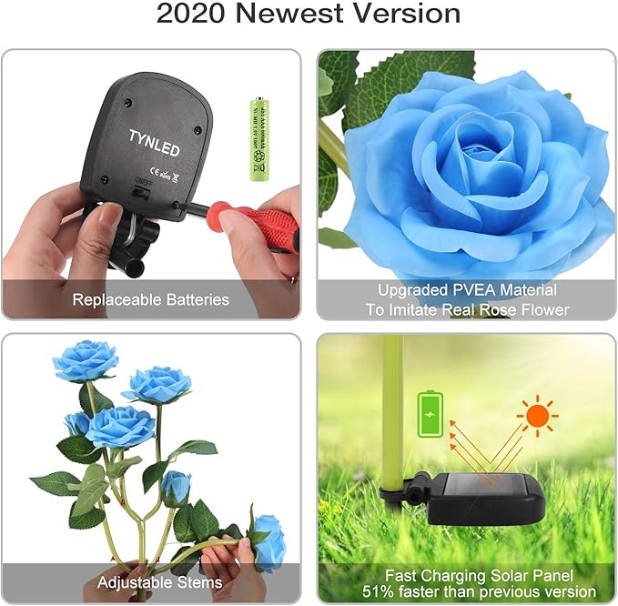 TYNLED Outdoor Solar Garden Stake Lights,Upgraded LED Solar Powered Light with 6 Rose Flowers, Waterproof Solar Decorative Lights for Patio Pathway Courtyard Garden Lawn