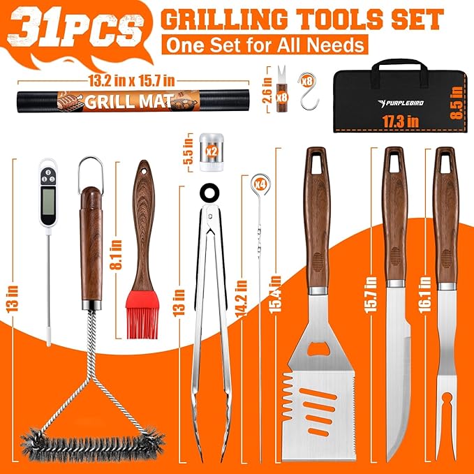 PURPLEBIRD 31PCS Grill Set for Outdoor Grill - Grilling Gift for Men & Dad, Heavy Duty Stainless BBQ Tools Kit for Camping, Grilling Utensils Set with Cleaner Brush, Thermometer, Storage Bag, BBQ Mat