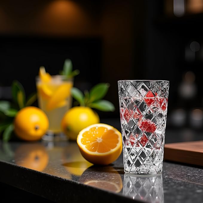 Glaver's Drinking Glasses Set of 4. Tall Highball Glasses. 14oz. Textured Diamond Cut Elegant Drinking Glass Cups - Kitchen Glassware for Water, Iced Tea, Juice, Cocktail.