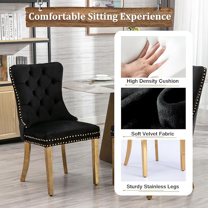 Goujxcy Glass Dining Table Set for 6, Modern Kitchen Table and Chairs Set of 6, 7-Piece Kitchen Dining Room Table Set w/61 Glass Gold Dining Table and 6 Black Velvet Upholstered Chairs