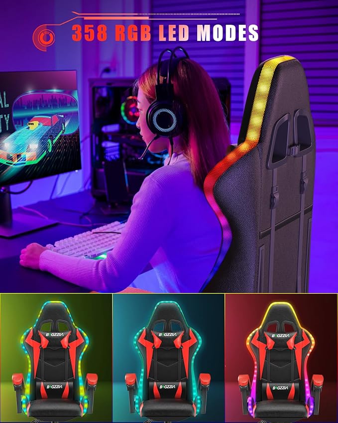 Bigzzia Gaming Chair with RGB LED Lights, High Back Ergonomic Computer Gamer Chair with Headrest and Lumbar Support, Racing Style Reclining Game Chair for Adults, Kids(Black/Red)