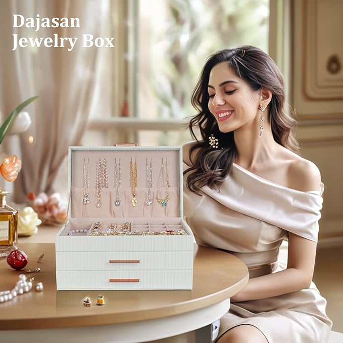 Dajasan Jewelry Boxes for Women, Jewelry Box Organizer with 2 Drawers, 3-Tier Large Jewelry Holder Organizer Box for Necklace Ring Earring Bracelet, Gift Idea, Modern Style (White)