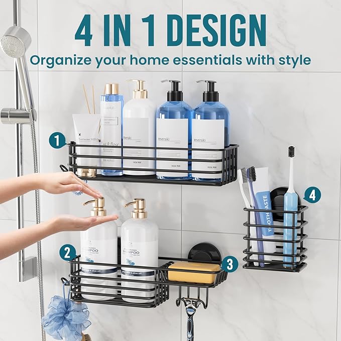 TAILI Shower Caddy Suction Cup, 3 Pack Shelves for Inside with Hooks & Soap holder Toothbrush Cups, Removable Bathroom Organizer, Rustproof Black Holder Storage-Black