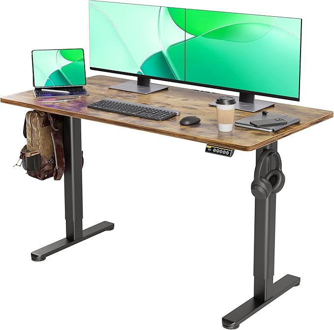Claiks Electric Standing Desk, Adjustable Height Stand up Desk, 55x24 Inches Sit Stand Home Office Desk with Splice Board, Black Frame/Rustic Brown Top