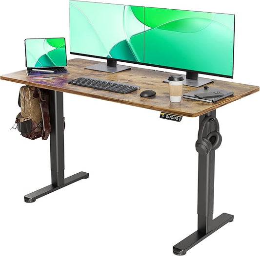 Claiks Electric Standing Desk, Adjustable Height Stand up Desk, 55x24 Inches Sit Stand Home Office Desk with Splice Board, Black Frame/Rustic Brown Top
