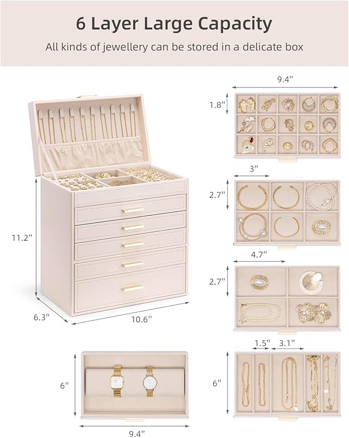 Vlando 6 Layer Large Jewelry Box - Jewelry Holder Organizer, Jewelry Box Organizer for Drawer Necklace Ring Bracelet and Watch, Birthday Gift for Loved Ones - Pink