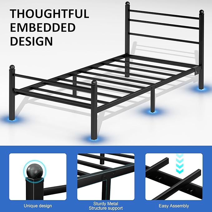 Twin Bed Frame with LED Lights & Charging Station, Metal Platform Bed with Headboard, Heavy Duty Metal Slats, No Box Spring Needed, Noise Free, Easy Assembly, Black