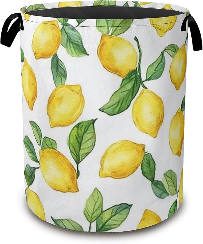 Lemon Laundry Basket,Leaves Collapsible Laundry Baskets with Handles,Waterproof Oxford Cloth Storage Basket 16"x20" for Bathroom/Bedroom/Dormitories