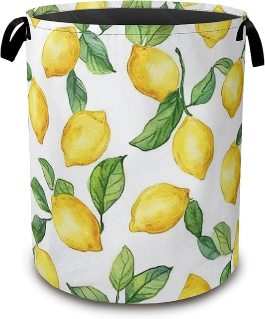 Lemon Laundry Basket,Leaves Collapsible Laundry Baskets with Handles,Waterproof Oxford Cloth Storage Basket 16"x20" for Bathroom/Bedroom/Dormitories