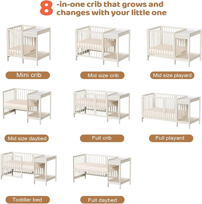 JOYMOR 8 in 1 Convertible Crib with Changer, Include 2” Mattress, Converts to Bassinet, Mid Crib, Full Size Crib, Daybed,Toddler Bed and Playard (Crib with Changer, Washed Natural)