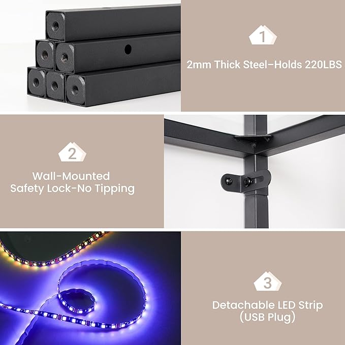 70 Inch Corner Shelf with LED Lights, 5-Tier Corner Bookshelf for Small Spaces, Glass & Metal Storage Rack for Bedroom, Living Room, Office - Modern Space Saving Design- Black