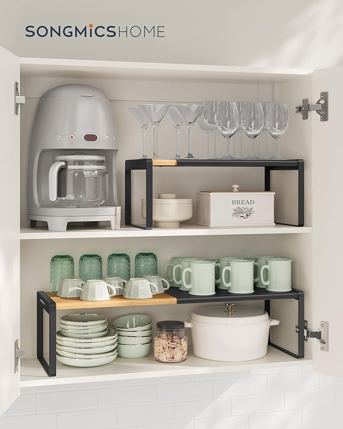 SONGMICS HOME Spice Racks, Expandable Cupboard Shelf Orgnizers, Kitchen Counter Shelves, Bamboo and Metal, Space-Saving Shelving, Stackable, Light Bamboo and Ink Black UKCS051B01