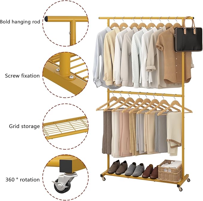 Sywhitta Double Rod Clothing Garment Rack, Rolling Coat Hanger with Bottom Mesh, Clothing Rack for Hanging Clothes, Coats, Skirts, Sweaters, Gold