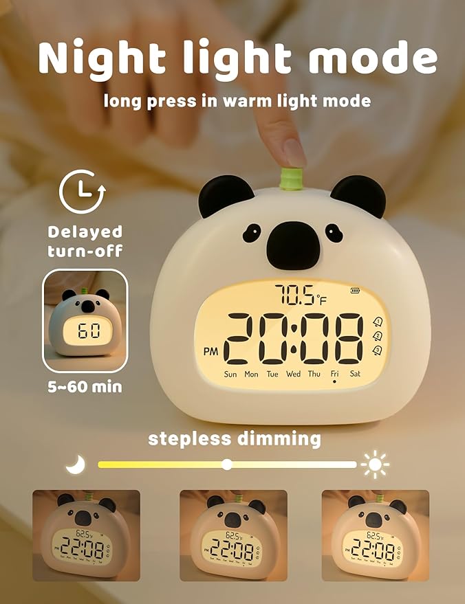 Panda Sleep Trainer Alarm Clock for Kids, LCD Night Light Dimming, USB Rechargeable, 3 Alarms Timer Wake up Helper for Boys & Girls Bedroom Decor Gifts