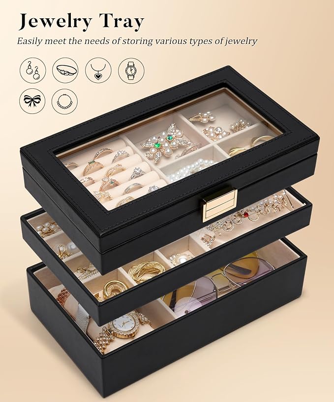 Homde Jewelry Tray Stackable Jewelry Box with Glass Lid, Removable Dividers for Vanity Table Gift Idea for Girls and Women (Black)