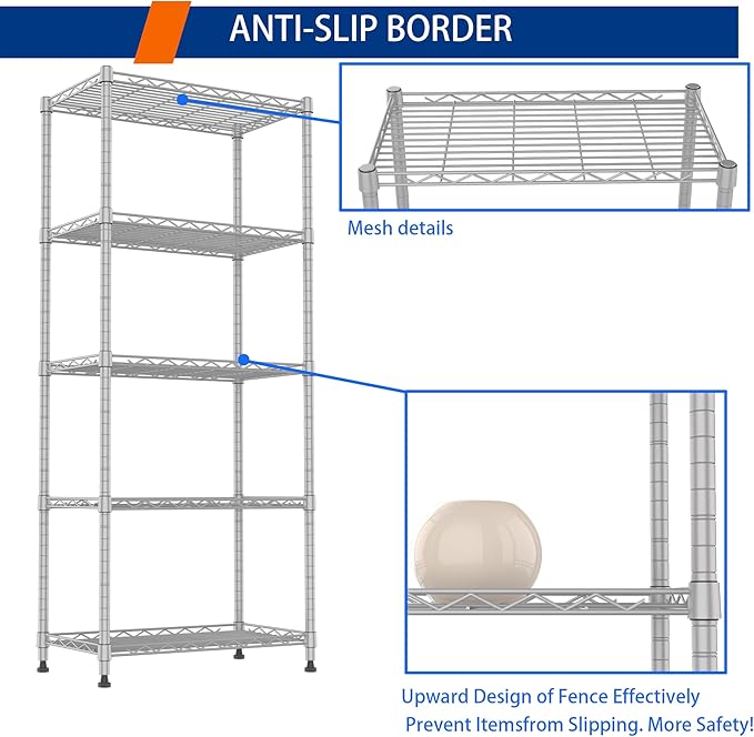 REGILLER 5-Wire Shelving Metal Storage Rack Adjustable Shelves,Standing Storage Shelf Units for Laundry Bathroom Kitchen Pantry Closet(Silver,11.8" D x 21.2" W x 53.5" H)