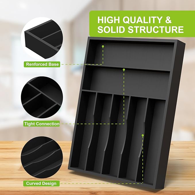 Sliverware Organizer, Bamboo Kitchen Drawer Organizer, Flatware Organizer Tray Holder for Sliverware, Utensil & Cutlery (7 Slots, Black)