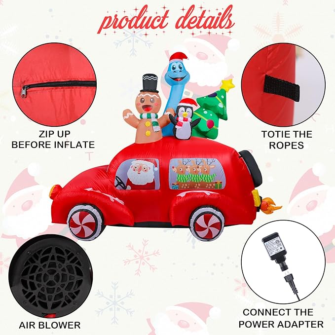 VCUTEKA Christmas Inflatables Outdoor Decorations - 8FT Inflatable Red Car with Gingerbread Man and Dinosaur Christmas Blow Up Yard Lighted for Holiday Garden Lawn Xmas Decor