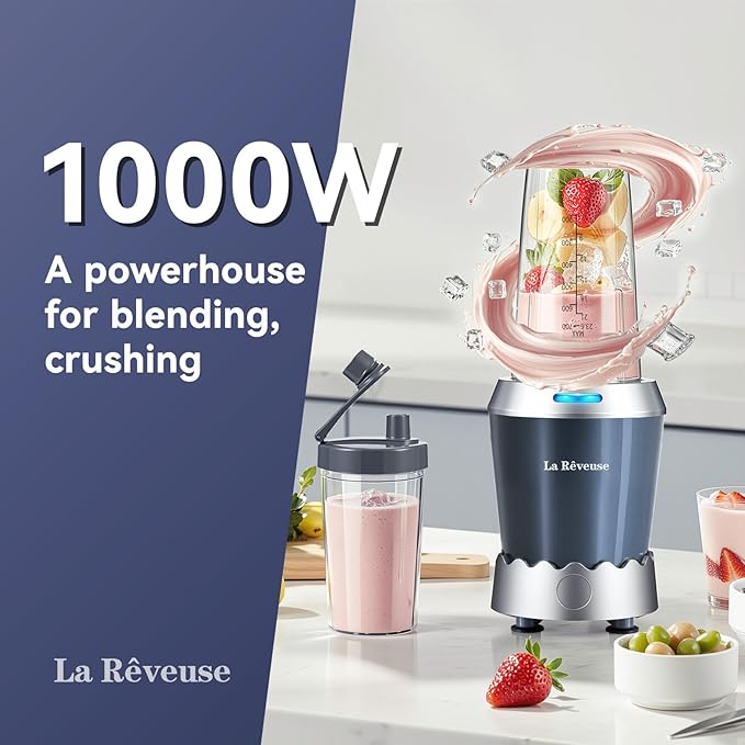 La Reveuse Personal Size Smoothie Blender Pro, 1000W High Speed with 24oz To-Go Cup, Ideal for Smoothies,Protein Shakes, Frozen Drinks, Food Prep, Gray