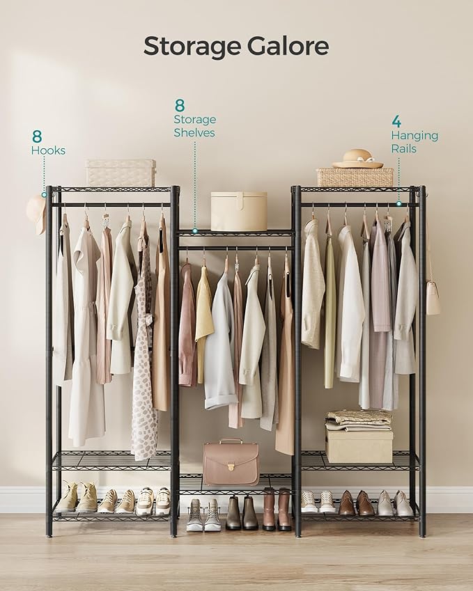 SONGMICS Portable Wardrobe Closet Heavy Duty Clothes Rack, Freestanding Closet Organizer,15.8 x 68.9 x 70.9 inches,Metal Garment Rack with Adjustable Wire Shelves, Dividable, Ink Black ULGR431B01
