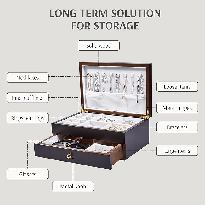 Wooden Jewelry Box with Drawer, Medium Size Real Natural Solid Wood, 2-Layer Vintage Organizer with Earring Storage, Ring Compartments, Necklace Hooks, ek15-m-dark