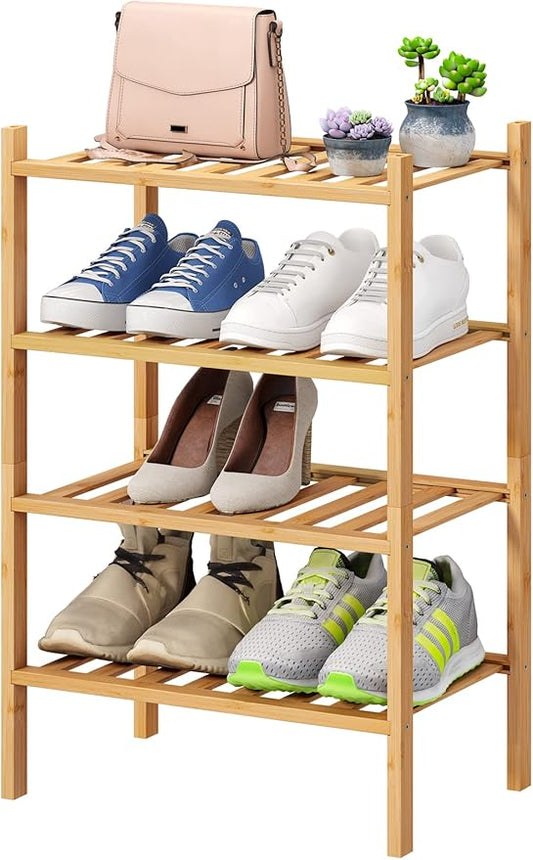 Small Shoe Rack, 4-Tier Rack for Entryway, Bamboo Wood Shoe Shelf for Closet & Hallway, Long 17 in | Beautiful | Functional | Sturdy | Durable