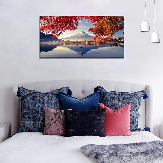 YYYYHPP YP1662 Canvas Prints Mountain Fuji with morning fog and red leaves at lake Kawaguchiko Nature Picture Wall Art Framed Artwork for Living Room Bedroom Kitchen Home and Office Wall Decor
