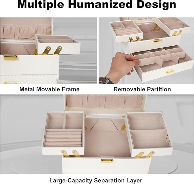 Dajasan Jewelry Box for Women, 3 Layers Large Jewelry Organizer Box, Jewelry Storage Case for Earring, Ring, Necklace, Bracelets (Cloud White + Gold)