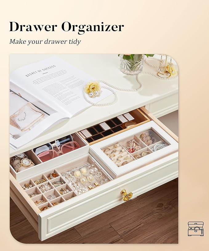 Homde Jewelry Tray Stackable Jewelry Box with Glass Lid, Removable Dividers for Vanity Table Gift Idea for Girls and Women (White)