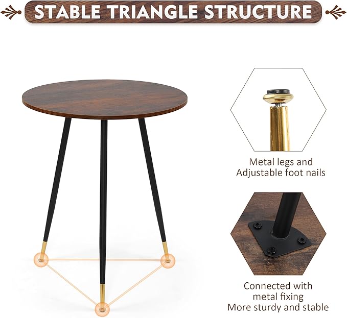 NOBPEINT Round Modern Wooden Side Table, 28 Inches End Table with 3 Metal Legs (Brown)