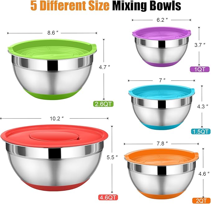 P&P CHEF Mixing Bowl with Lid Set, 5 Piece Stainless Steel Mixing Nesting Bowls for Salad Storage, 3 Grater Attachments & Non-Slip Bottoms, Size 1/1.5/2 / 2.6/4.6 QT, Multicolor