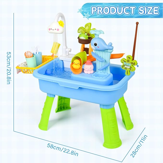 2026 Upgraded Water Table for Toddlers 1-3, Water Table with Pump,Toy Kitchen Sets for Kids Ages 4-8, with Detachable Legs, Play Sink with Electric Faucet, Includes Play Vegetables and Fishing Game