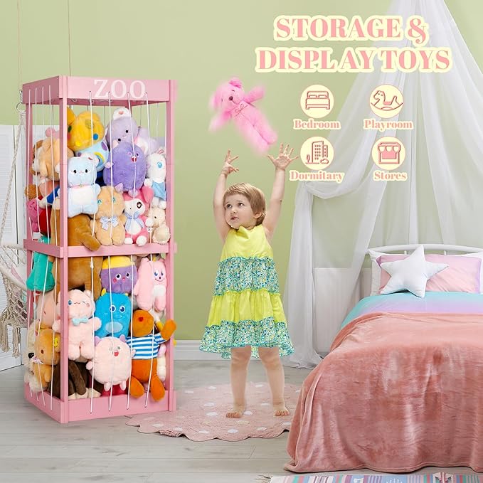 Trycooling Stuffed Animal Zoo Stuffed Animal Storage Wood Plushie Storage Stuffed Animals Zoo Storage Cage with Zoo Pattern Elastic Band for Nursery Play Room Bedroom (Pink)
