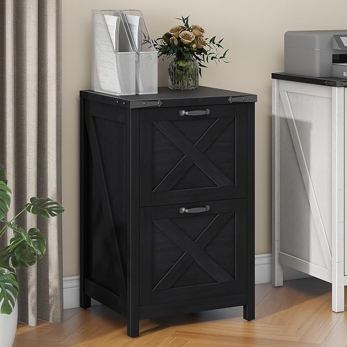 Vertical File Cabinet with 2 Drawers, Wooden Farmhouse Filing Cabinet for Letter/A4 Size Hanging Files, Under Desk Printer Stand with Storage for Home Office, Black