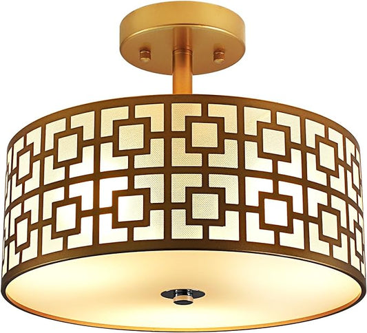 DLLT Flush Mount Ceiling Light: Modern 3-Light Semi Flush Mount Light Fixture - Drum Kitchen Lighting Fixture for Dining Room - Gold Bedroom Ceiling Lamp with Double Shade