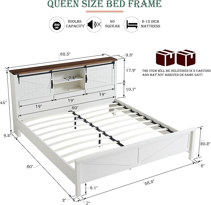 RedLemon Farmhouse Queen Size Bed Frame with Bookcase Headboard, Sliding Barn Door, Storage Cabinet, Charging Station, Wood Slats Support, No Box Spring Needed, Antique White
