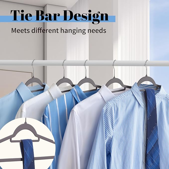 Smartor Grey Velvet Hangers 20 Pack, Space Saving Clothes Hangers with Tie Bar, Non-Slip Felt Hangers with Shoulder Notches, Heavy Duty Suit Hangers for Coat, Shirt, Pants, Dress