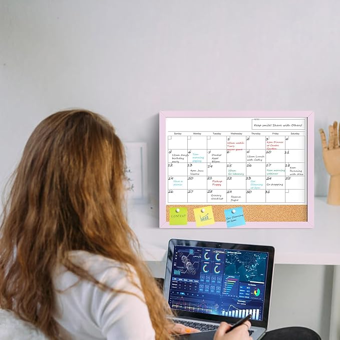 Dry Erase Calendar Cork Board Combo, 17x13 Inches Calendar Whiteboard for Wall, Small Magnetic White Board with Pink Wood Framed, Dry Erase Board for Planner Office Kitchen Home Memo
