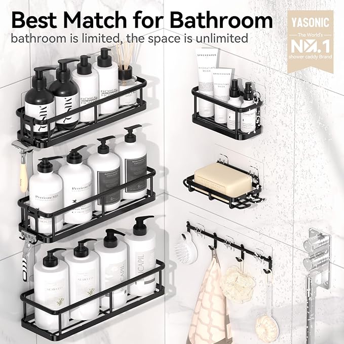 YASONIC Shower Caddy 6 Pack Rustproof shower Organizer, Large Capacity Shower Shelves for inside shower, Bathroom Organizers and Storage with Soap Holder and 12 Hooks, Adhesive Shower storage, Black